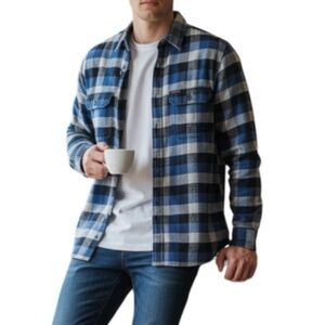 Orvis Mens Thick Flannel Plaid Shirt Jacket Blue Grey Pockets Size XL